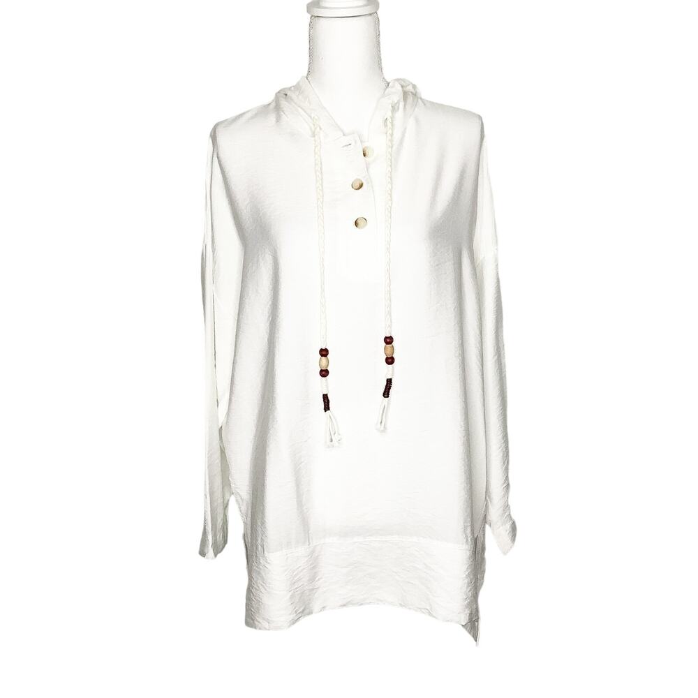 Ikoll Ecru Crinkle Hooded Tunic Top Beaded Drawstring Large NWT